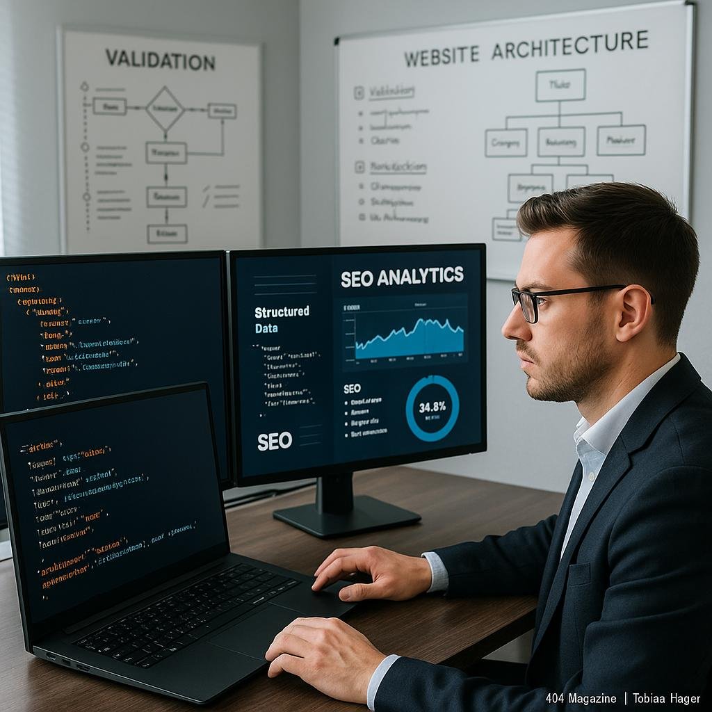 Berufs-Szene in einem modernen Büro mit SEO-Experte vor Bildschirmen, Whiteboards und Diagrammen