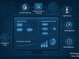Modernes digitales Dashboard mit Nutzerfluss, SEO-Analysen und Tool-Icons wie Screaming Frog, Google Search Console und Lighthouse, im Hintergrund schematische Darstellungen von Servern, Cookies und JavaScript-Operationen.
