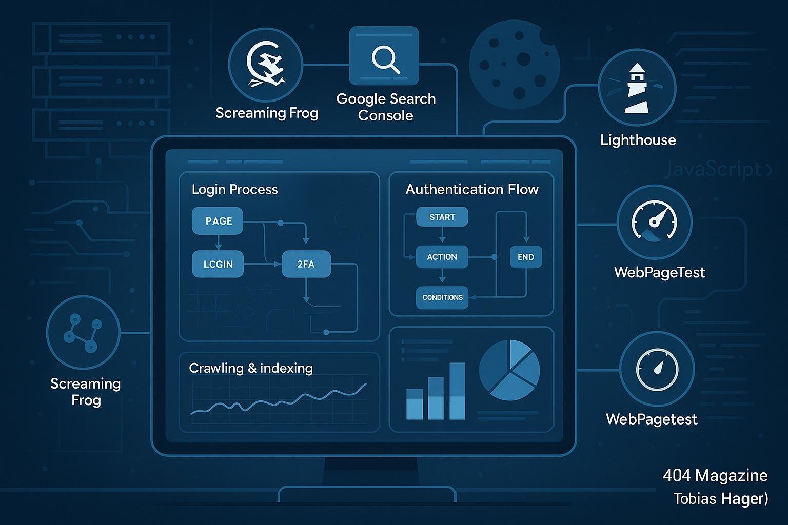 Modernes digitales Dashboard mit Nutzerfluss, SEO-Analysen und Tool-Icons wie Screaming Frog, Google Search Console und Lighthouse, im Hintergrund schematische Darstellungen von Servern, Cookies und JavaScript-Operationen.