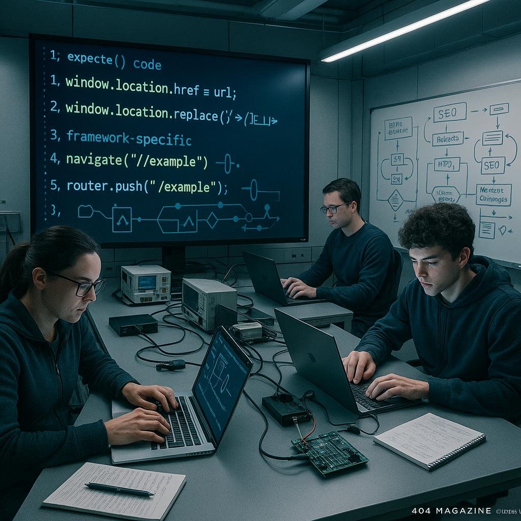 Entwickler in einem modernen Forschungslabor arbeiten an Laptops mit einem großen Bildschirm, der JavaScript-Code und Redirect-Strategien zeigt, im Hintergrund Whiteboards mit SEO-Diagrammen