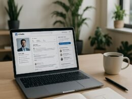 Moderner Arbeitsplatz mit Laptop, Notizbuch, Stift und Kaffee, im Hintergrund lichtdurchflutete Räume mit Pflanzen, symbolisiert eine erfolgreiche, technikaffine Arbeitsumgebung.