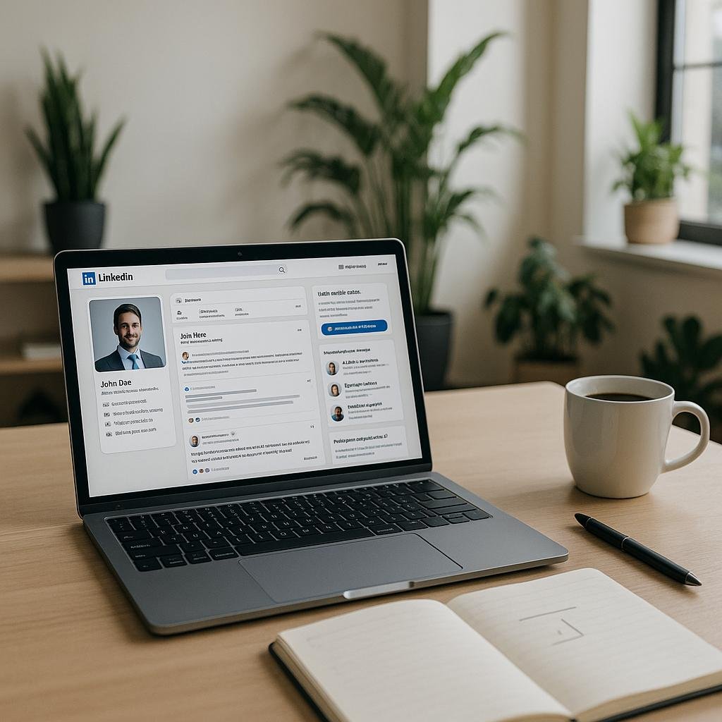 Moderner Arbeitsplatz mit Laptop, Notizbuch, Stift und Kaffee, im Hintergrund lichtdurchflutete Räume mit Pflanzen, symbolisiert eine erfolgreiche, technikaffine Arbeitsumgebung.