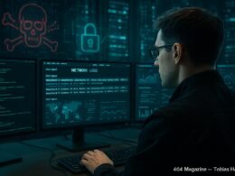 Cybersecurity-Analyst, der in einem Kontrollraum mit Monitoren arbeitet, die Code, Netzwerkverkehr und Sicherheitsdashboards anzeigen, mit Server-Racks im Hintergrund