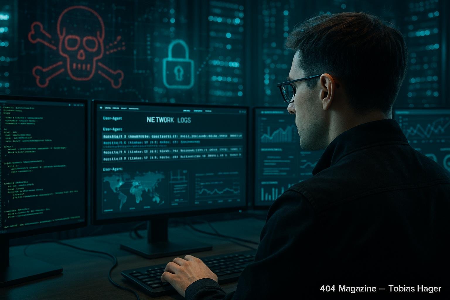 Cybersecurity-Analyst, der in einem Kontrollraum mit Monitoren arbeitet, die Code, Netzwerkverkehr und Sicherheitsdashboards anzeigen, mit Server-Racks im Hintergrund