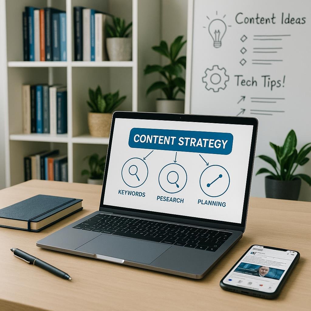 Moderner Arbeitsplatz mit Laptop, Notizbüchern, Smartphone und Whiteboard mit Skizzen zu Content-Strategien und Keywords, umgeben von Pflanzen und Fachbüchern