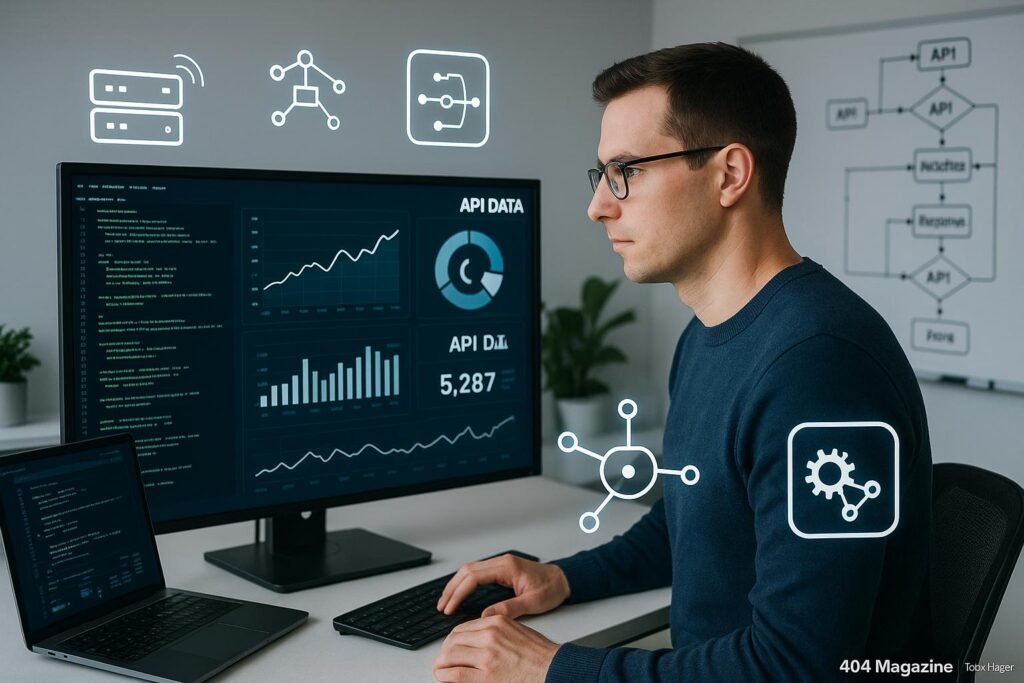 Moderner Arbeitsplatz mit Monitoren, die Code, Grafiken und Dashboard-Daten mit API-Analysen anzeigen, mit einer SEO-Spezialistin im Vordergrund