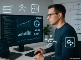 Moderner Arbeitsplatz mit Monitoren, die Code, Grafiken und Dashboard-Daten mit API-Analysen anzeigen, mit einer SEO-Spezialistin im Vordergrund