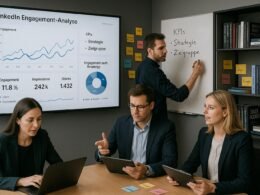 Team in einem modernen Büro arbeitet an einer LinkedIn Engagement-Analyse auf Tablets und Laptops, notiert KPIs und Strategien auf einem Whiteboard, im Hintergrund Fachliteratur zu Social Media und Datenanalyse sichtbar