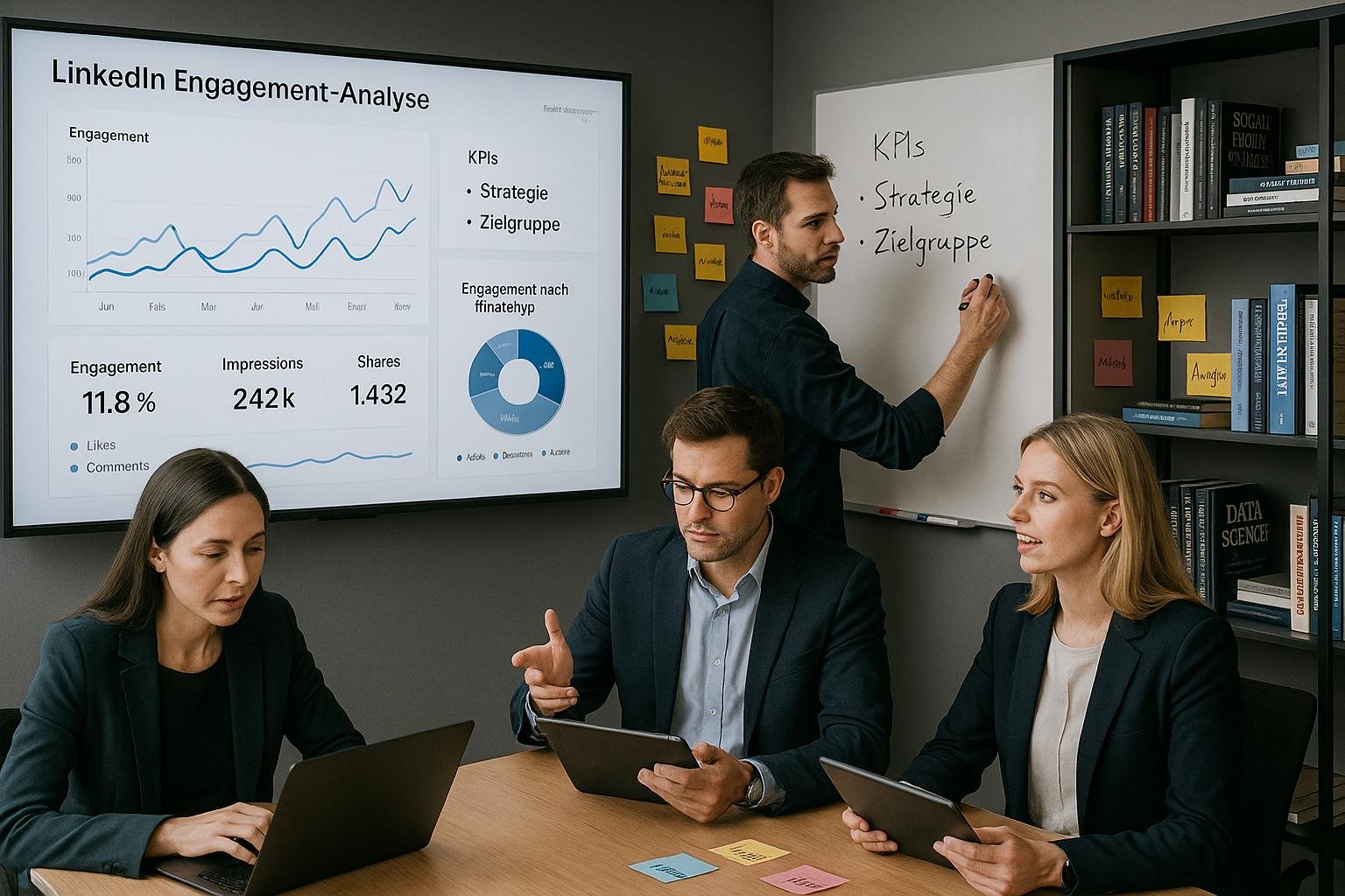 Team in einem modernen Büro arbeitet an einer LinkedIn Engagement-Analyse auf Tablets und Laptops, notiert KPIs und Strategien auf einem Whiteboard, im Hintergrund Fachliteratur zu Social Media und Datenanalyse sichtbar