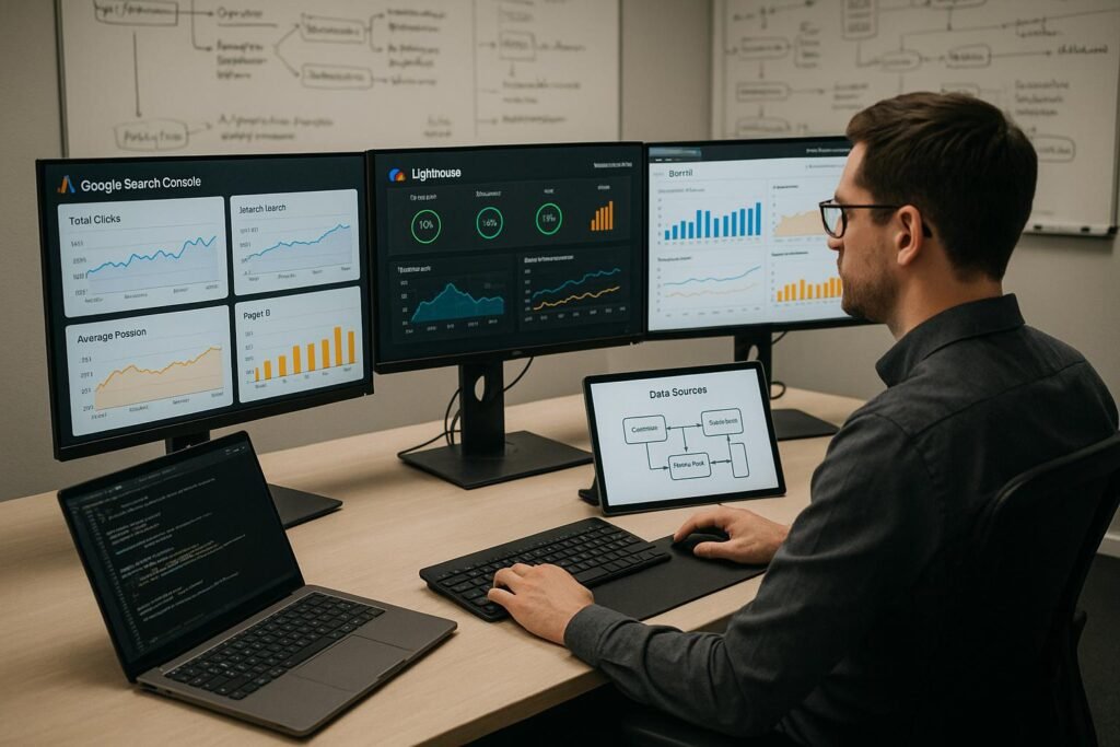 Ein moderner Arbeitsplatz mit mehreren Bildschirmen, die Datenvisualisierungen, Code-Snippets und Workflow-Diagramme eines SEO-Spezialisten zeigen, bei softer Beleuchtung.