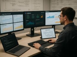 Ein moderner Arbeitsplatz mit mehreren Bildschirmen, die Datenvisualisierungen, Code-Snippets und Workflow-Diagramme eines SEO-Spezialisten zeigen, bei softer Beleuchtung.