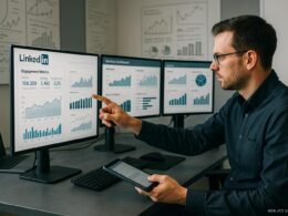 Forscher an modernem Schreibtisch, der LinkedIn-Analysen, Diagramme und Grafiken auf mehreren Bildschirmen betrachtet, mit Whiteboards und digitalen Geräten im Hintergrund, Credit: 404 Magazine (Tobias Hager)