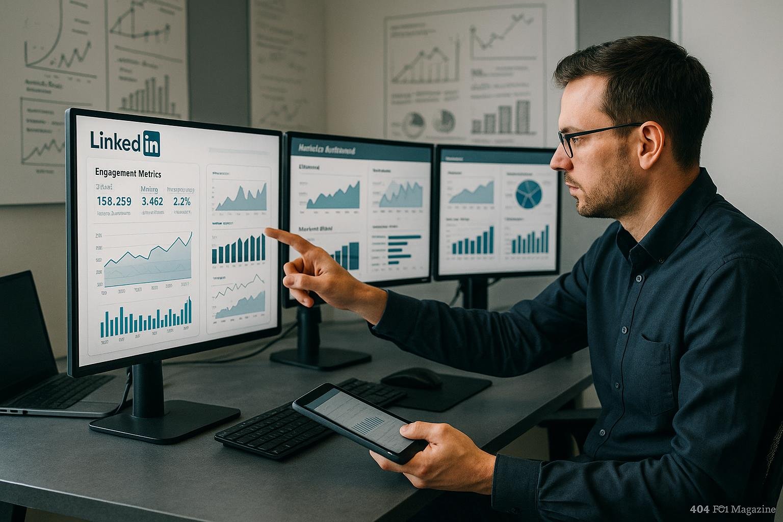 Forscher an modernem Schreibtisch, der LinkedIn-Analysen, Diagramme und Grafiken auf mehreren Bildschirmen betrachtet, mit Whiteboards und digitalen Geräten im Hintergrund, Credit: 404 Magazine (Tobias Hager)