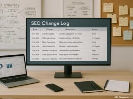 Arbeitsplatz mit digitalem Monitor, Laptop, Whiteboards und Pinnwänden, die SEO-Strategien und technische Änderungen darstellen. Credit: 404 Magazine (Tobias Hager).