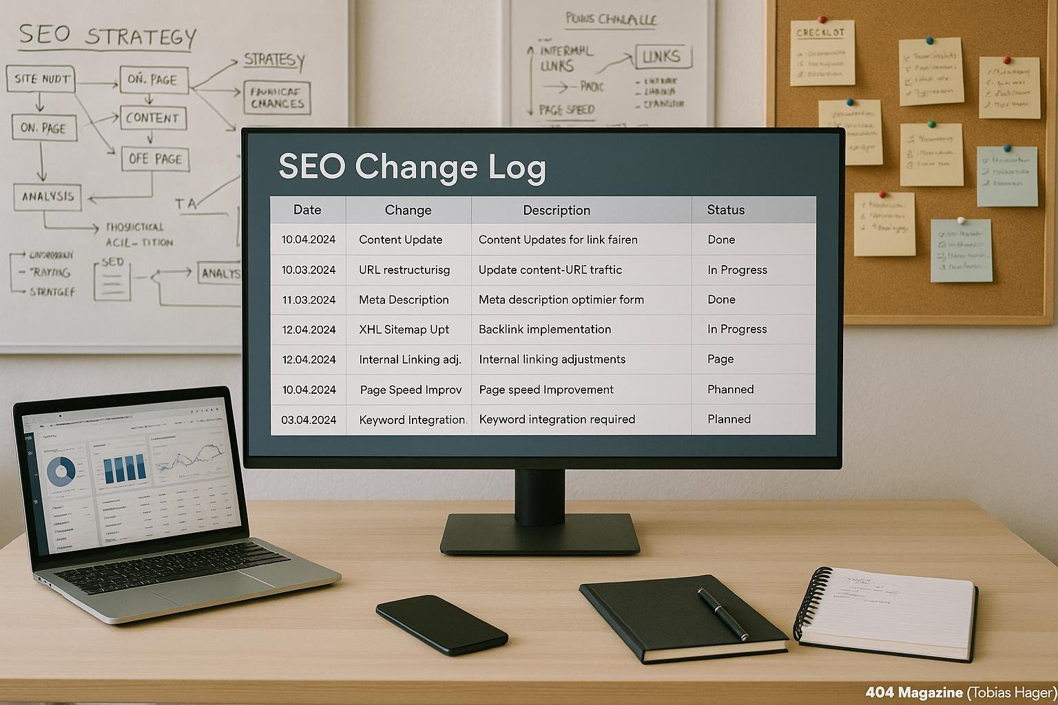 Arbeitsplatz mit digitalem Monitor, Laptop, Whiteboards und Pinnwänden, die SEO-Strategien und technische Änderungen darstellen. Credit: 404 Magazine (Tobias Hager).
