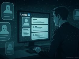 Moderner digitaler Arbeitsplatz mit einem Profi, der LinkedIn-Profile auf einem großen Bildschirm analysiert, umgeben von geisterhaften Profil-Icons und einem Netzwerk aus Datenströmen, symbolisiert die digitale Verteidigung gegen Fake-Profile auf LinkedIn.