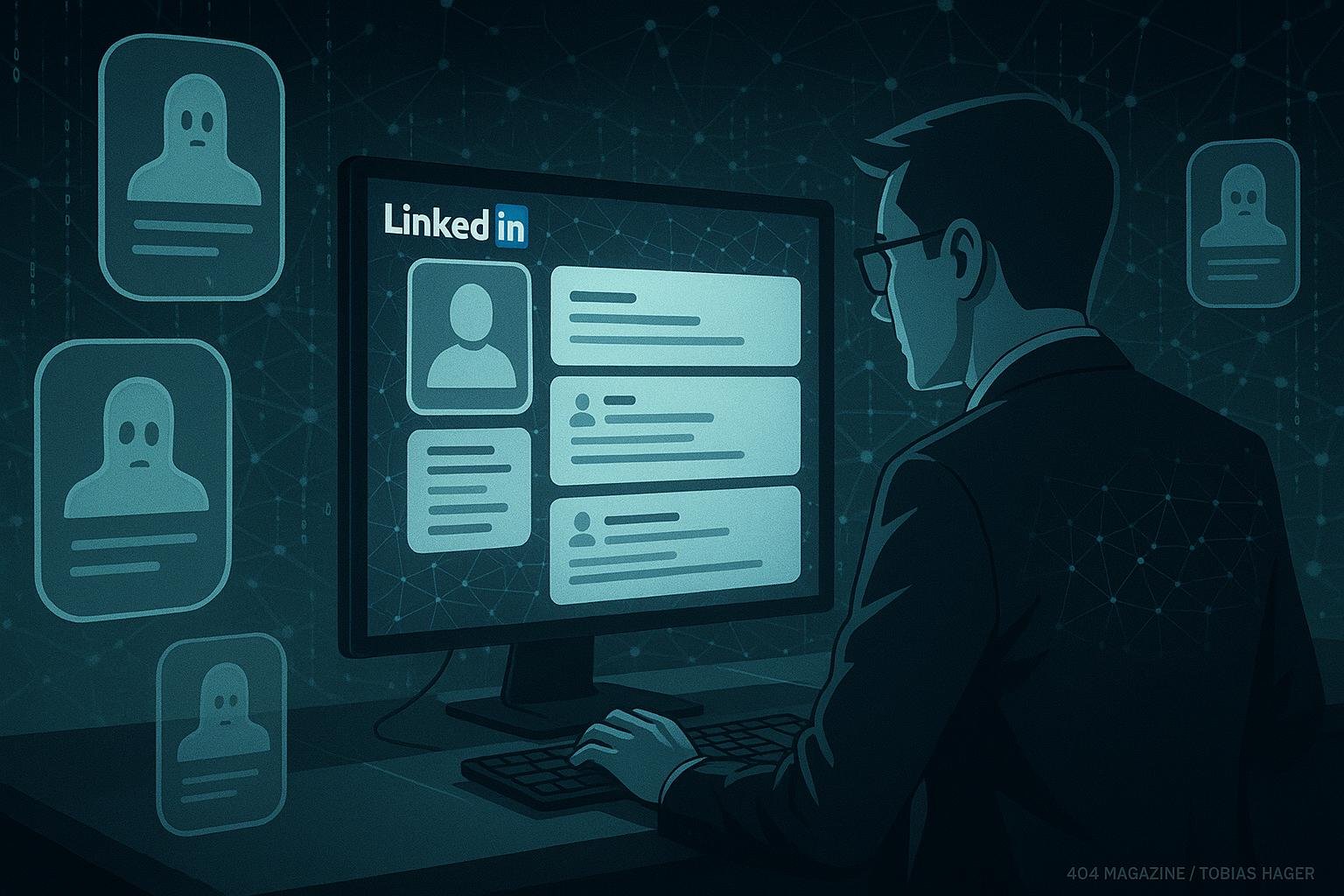 Moderner digitaler Arbeitsplatz mit einem Profi, der LinkedIn-Profile auf einem großen Bildschirm analysiert, umgeben von geisterhaften Profil-Icons und einem Netzwerk aus Datenströmen, symbolisiert die digitale Verteidigung gegen Fake-Profile auf LinkedIn.