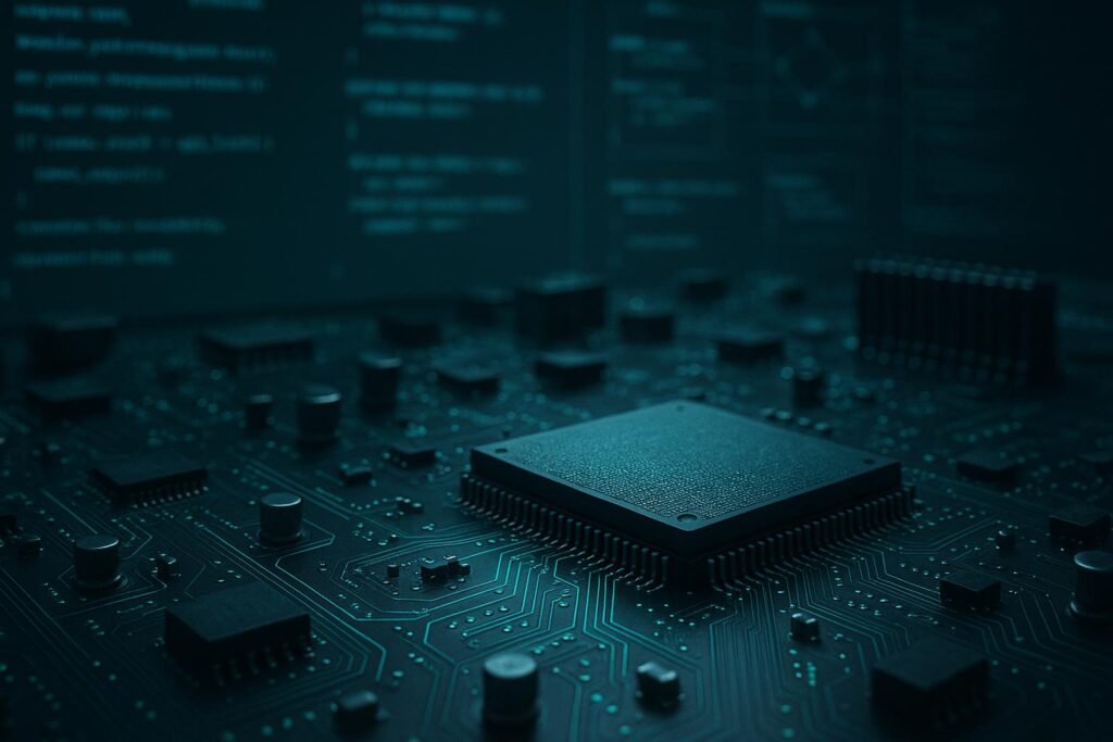 Nahaufnahme eines modernen Motherboards mit leuchtenden blauen und grünen Schaltkreisen, Microchips und Kabeln, im Hintergrund unscharfe Code- und Netzdiagramme