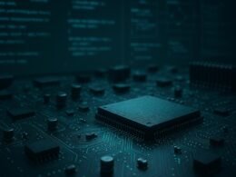 Nahaufnahme eines modernen Motherboards mit leuchtenden blauen und grünen Schaltkreisen, Microchips und Kabeln, im Hintergrund unscharfe Code- und Netzdiagramme