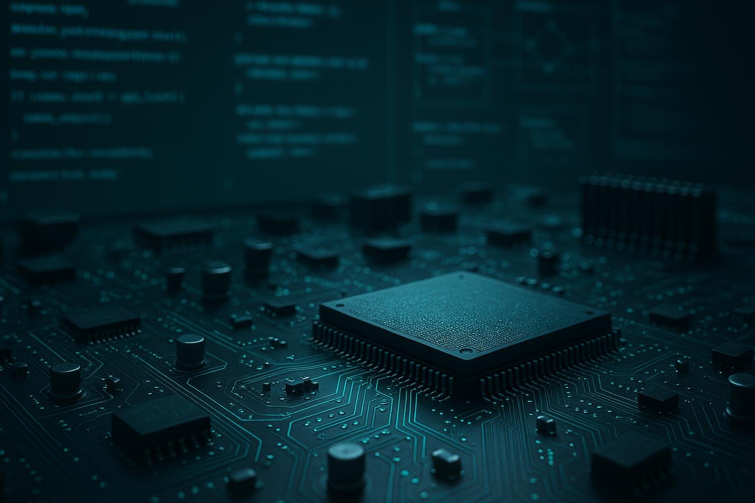 Nahaufnahme eines modernen Motherboards mit leuchtenden blauen und grünen Schaltkreisen, Microchips und Kabeln, im Hintergrund unscharfe Code- und Netzdiagramme