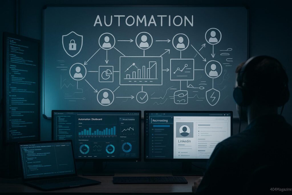Ansicht einer modernen digitalen Arbeitsumgebung mit Computern, Whiteboard-Skizzen und cybersecurity Symbolen, Person mit Kopfhörern überwacht das Setup.