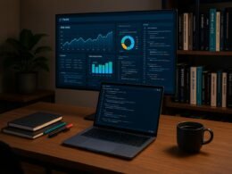 Modernes Arbeitszimmer mit großem Bildschirm, Laptop mit Code-Editor, Notizbüchern, Kaffee und Bücherregalen im Hintergrund