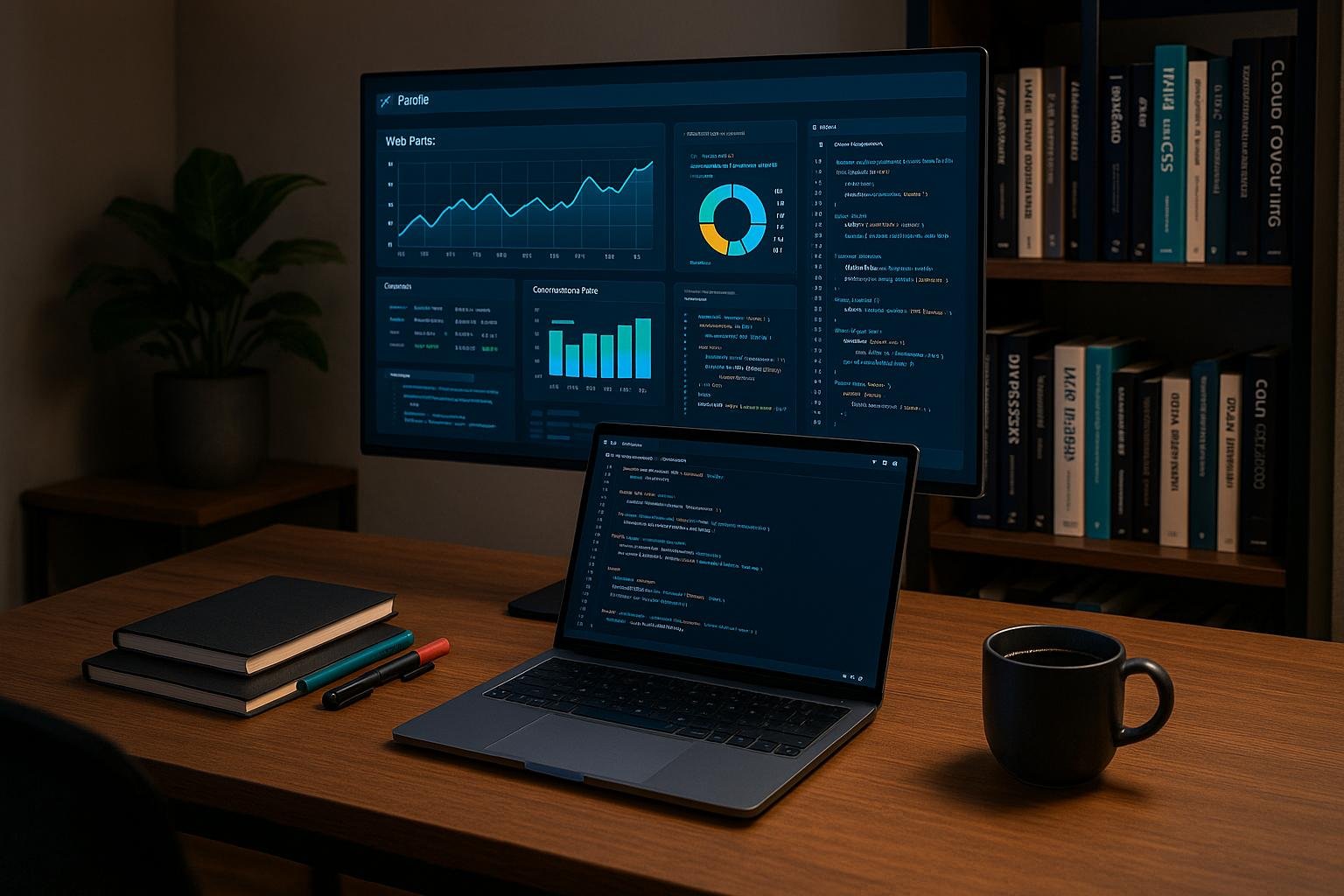 Modernes Arbeitszimmer mit großem Bildschirm, Laptop mit Code-Editor, Notizbüchern, Kaffee und Bücherregalen im Hintergrund