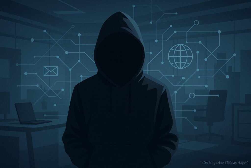 Schattenhafte Figur in Hoodie vor digitalem Netzwerk mit Datenpunkten und Weltkugel, inspiriert von moderner digitaler Heimlichkeit und Strategie
