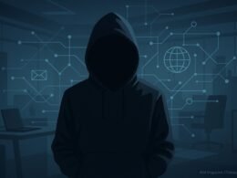 Schattenhafte Figur in Hoodie vor digitalem Netzwerk mit Datenpunkten und Weltkugel, inspiriert von moderner digitaler Heimlichkeit und Strategie