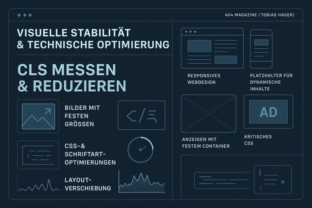 Grafische Übersicht eines modernen, technisch inspirierten Webdesigns mit Diagrammen, Icons und responsiven Elementen zur Verbesserung der Seitenstabilität.