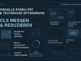 Grafische Übersicht eines modernen, technisch inspirierten Webdesigns mit Diagrammen, Icons und responsiven Elementen zur Verbesserung der Seitenstabilität.