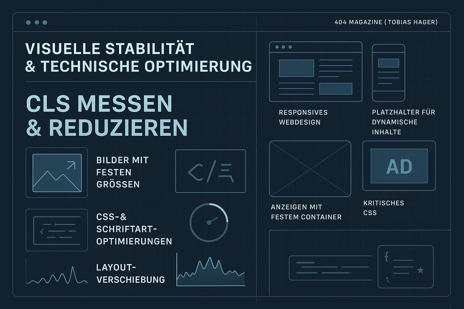 Grafische Übersicht eines modernen, technisch inspirierten Webdesigns mit Diagrammen, Icons und responsiven Elementen zur Verbesserung der Seitenstabilität.
