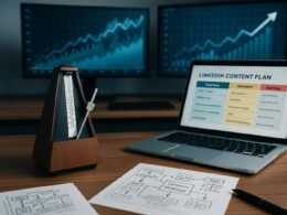 Modernes Büro mit Metronom, zwei Monitoren mit Grafiken, Laptop mit Content-Planung, Notizen und Skizzen auf Holzschreibtisch.