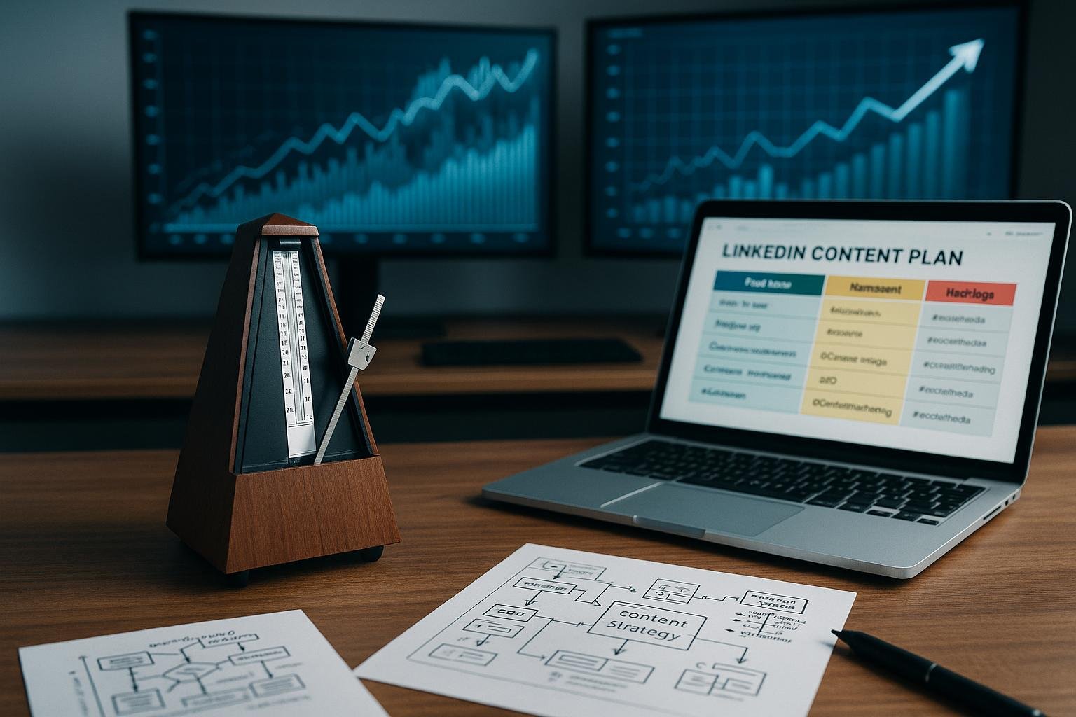 Modernes Büro mit Metronom, zwei Monitoren mit Grafiken, Laptop mit Content-Planung, Notizen und Skizzen auf Holzschreibtisch.