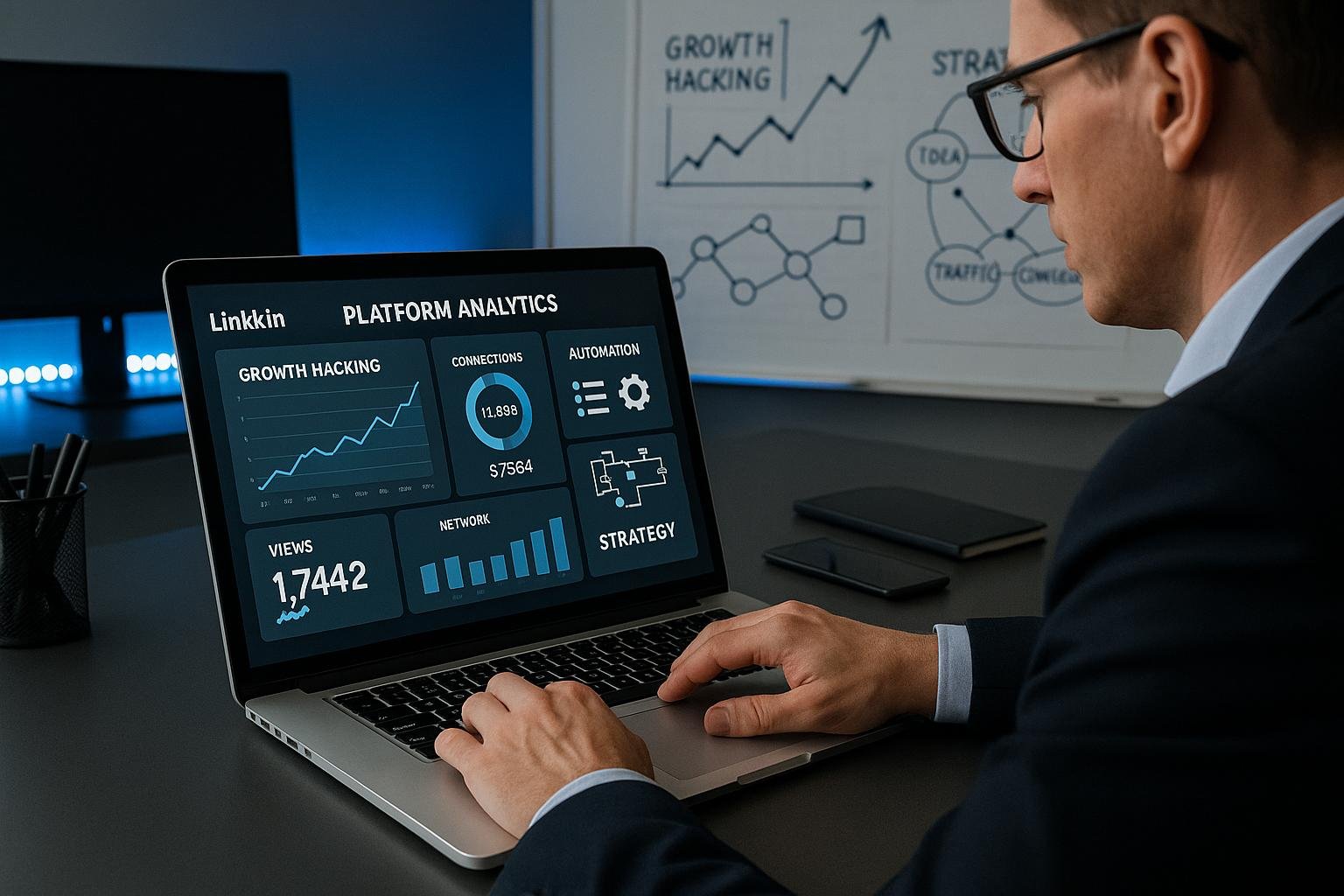 Geschäftsperson tippt am Laptop in einem modernen Büro mit Dashboard, Whiteboard und LED-Lichtern, symbolisiert technische Infrastruktur und strategisches Growth Hacking.