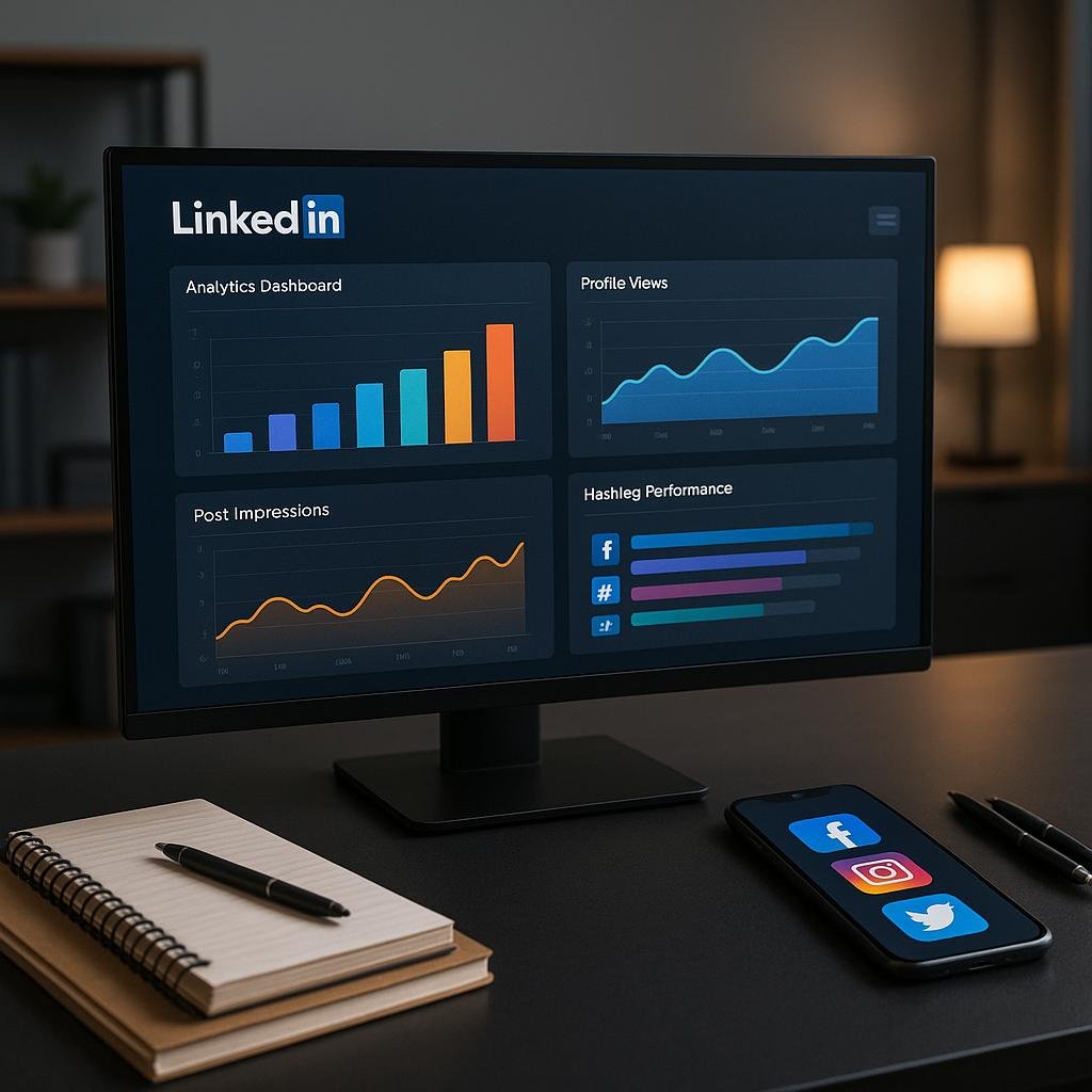 Digitaler Arbeitsplatz mit einem Computerbildschirm, der LinkedIn-Analytik, Grafiken und Hashtag-Metriken anzeigt, umgeben von Notizbüchern, Stiften und einem Smartphone in einem modernen Büro.