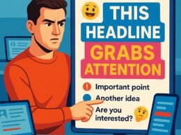 Person mit konzentriertem Gesicht präsentiert kreative Headline auf Digitalbildschirm, im Hintergrund moderne Geräte im Arbeitsumfeld, lebendige Farbpalette und innovative Content-Strategien.