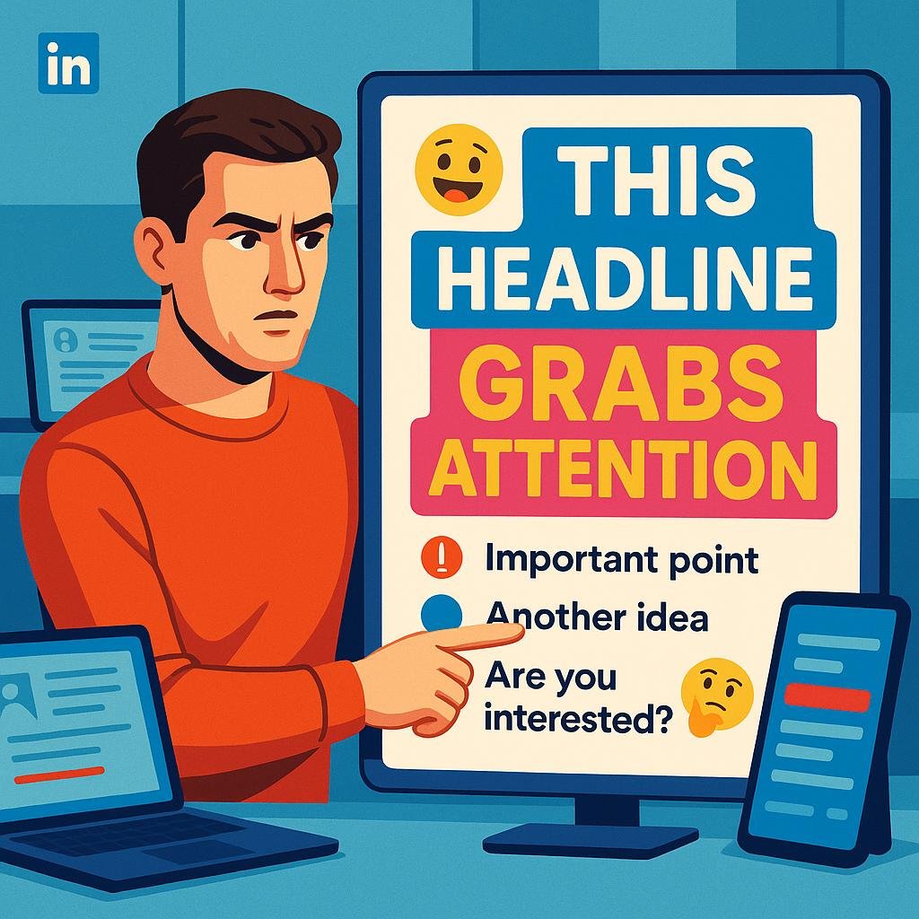 Person mit konzentriertem Gesicht präsentiert kreative Headline auf Digitalbildschirm, im Hintergrund moderne Geräte im Arbeitsumfeld, lebendige Farbpalette und innovative Content-Strategien.