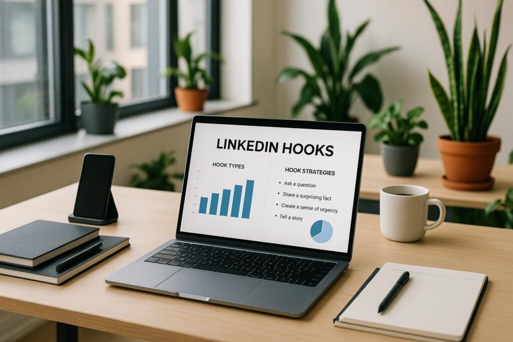 Dynamisches Büro mit Laptop-Display, Notizbüchern, Pflanzen und natürlichem Licht, zeigt Strategien für LinkedIn-Hooks