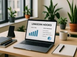 Dynamisches Büro mit Laptop-Display, Notizbüchern, Pflanzen und natürlichem Licht, zeigt Strategien für LinkedIn-Hooks