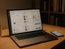 Modernes Büro-Setup mit Laptop, Smartphone und Büchern über Marketing im Hintergrund, warmes Licht, produktive Atmosphäre