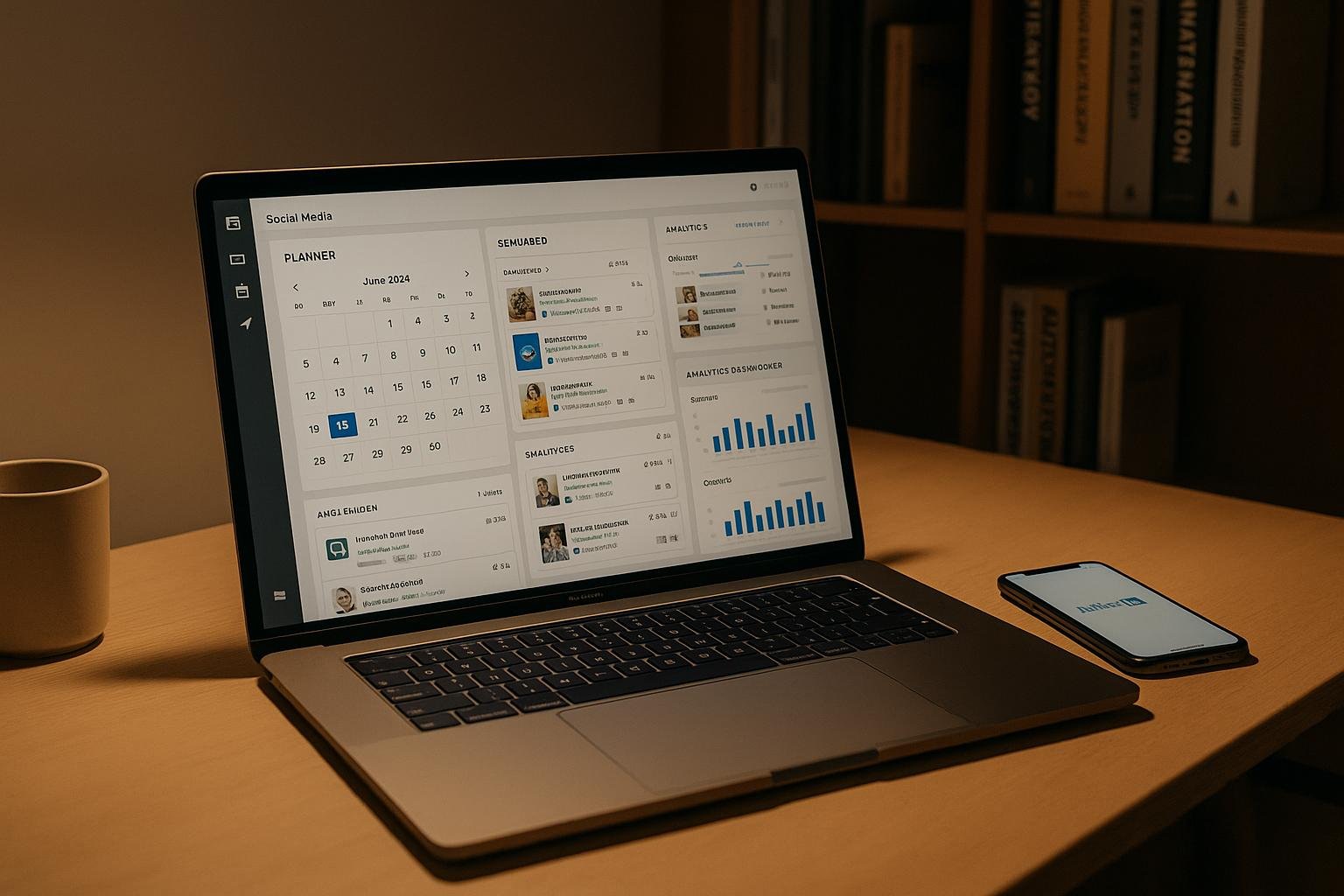 Modernes Büro-Setup mit Laptop, Smartphone und Büchern über Marketing im Hintergrund, warmes Licht, produktive Atmosphäre