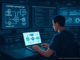 Futuristischer Arbeitsplatz mit mehreren Bildschirmen und technischen Geräten, die Content-Automatisierungsprozesse darstellen, inklusive Entwickler bei der Arbeit