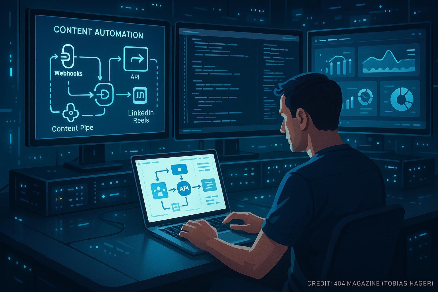 Futuristischer Arbeitsplatz mit mehreren Bildschirmen und technischen Geräten, die Content-Automatisierungsprozesse darstellen, inklusive Entwickler bei der Arbeit