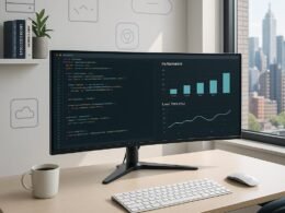 Modernes, minimalistisches Arbeitszimmer mit großem Ultrawide-Monitor, ergonomischem Schreibtisch, Kaffee, technischen Büchern und urbaner Skyline durch große Fenster.