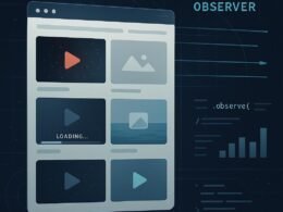 Abstrakte Darstellung einer Webseite mit schwebenden Videothumbnails, Code-Elementen und Diagrammen zur Visualisierung des Lazyload- und Intersection Observer Konzepts.