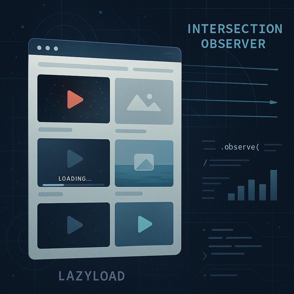 Abstrakte Darstellung einer Webseite mit schwebenden Videothumbnails, Code-Elementen und Diagrammen zur Visualisierung des Lazyload- und Intersection Observer Konzepts.
