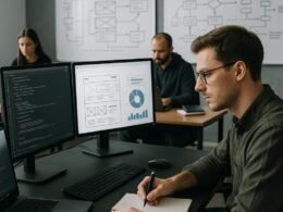 Entwickler in einem modernen Büro mit großen Monitoren, Team im Hintergrund und Whiteboards mit Skizzen zur Website-Architektur, im Zusammenhang mit strategischem Framework-Upgrade für technische SEO-Optimierung