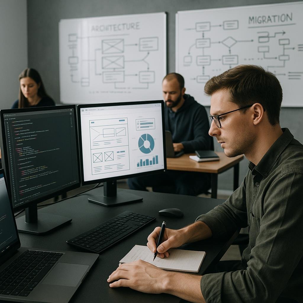 Entwickler in einem modernen Büro mit großen Monitoren, Team im Hintergrund und Whiteboards mit Skizzen zur Website-Architektur, im Zusammenhang mit strategischem Framework-Upgrade für technische SEO-Optimierung