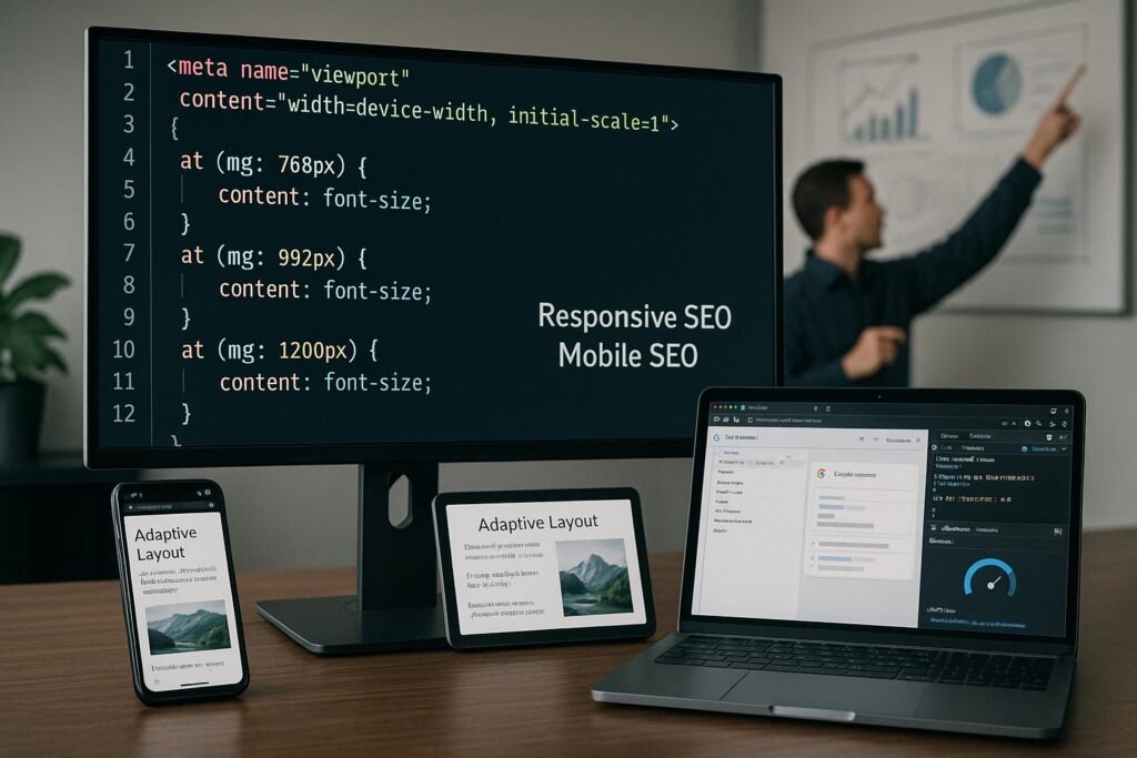 Modernes Arbeitsumfeld mit Monitor, Smartphone, Tablet und Laptop, die Responsive Webdesign und mobiles SEO demonstrieren, mit einem Techniker im Hintergrund